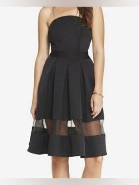 Express Black Strapless Midi Cocktail Dress w/Sheer Mesh Panel Stripe Hem Sz 4